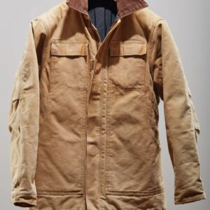 Retro style canvas work coat on hanger against white background